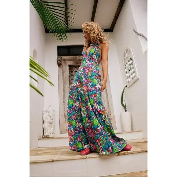 Free People Retro 60s 70s Floral Psychedelic Saffron Halter Maxi Dress Large - Picture 13 of 14